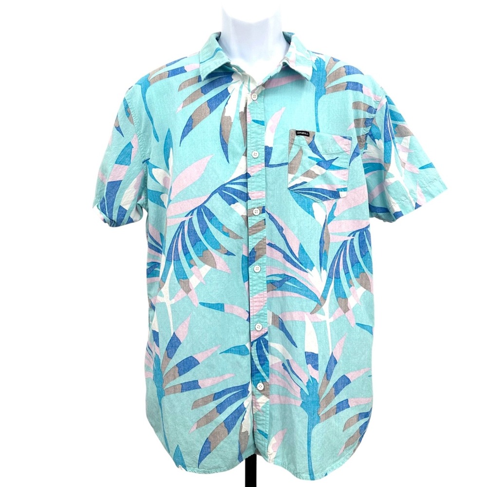 O'Neill Short Sleeve Shirt Button Front Tropical Blue Organic Cotton Blend Large